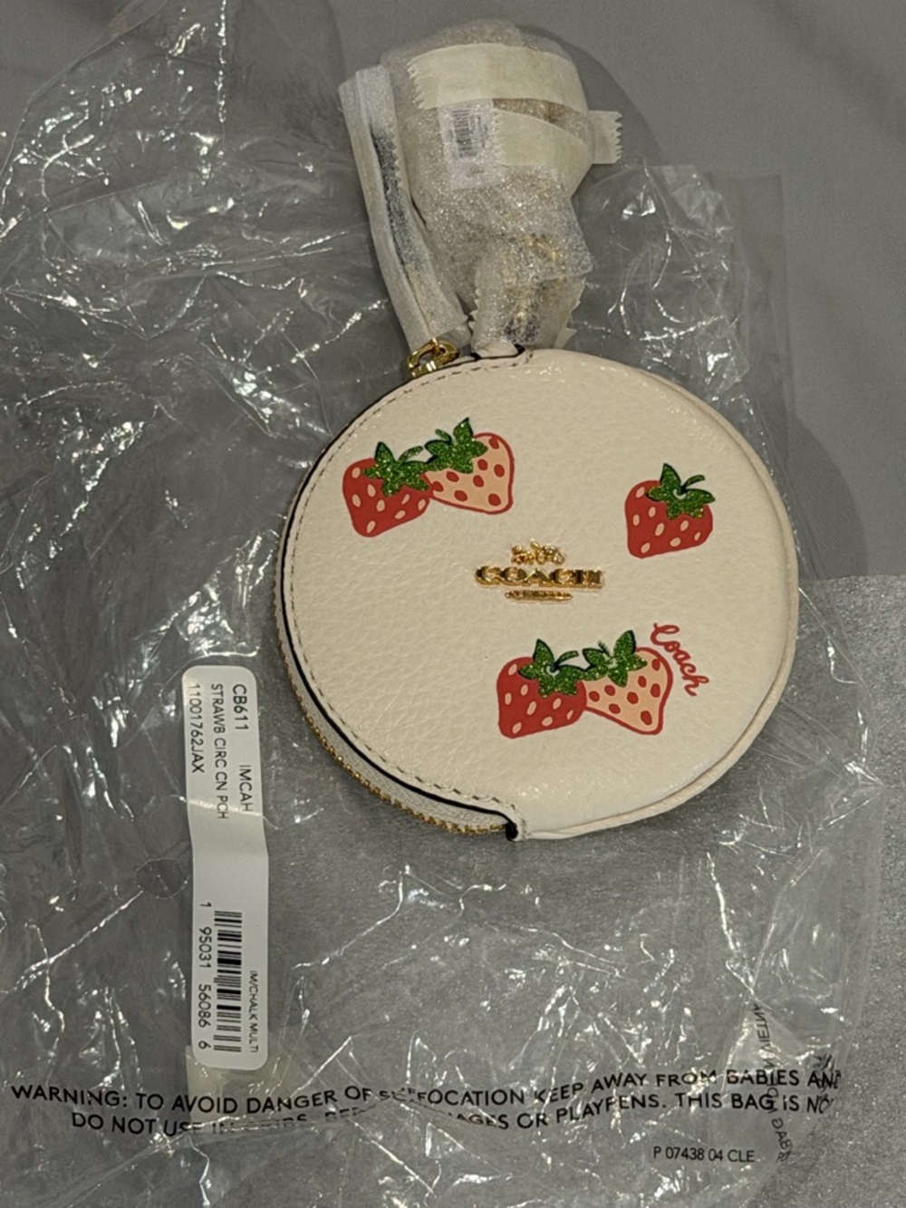 Coach Cream Strawberry Round Coin Case with Red and Green Accents